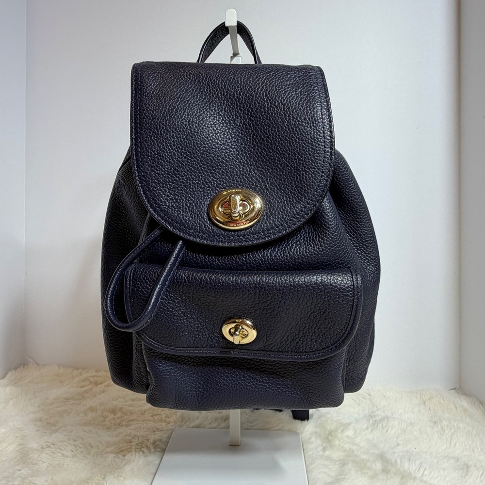 Coach Leather Mini Backpack Navy Blue Double Turnlock Rucksack Gold Hardware